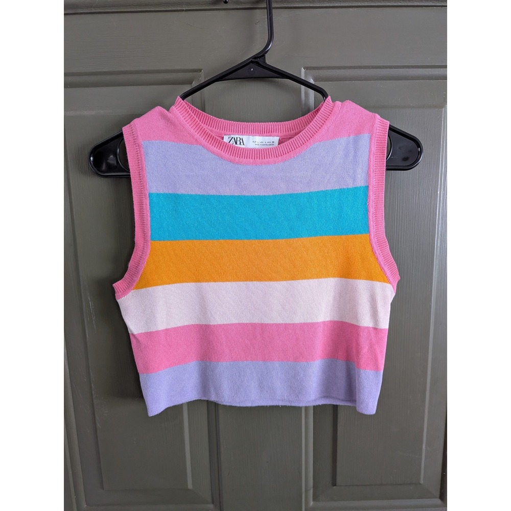 ZARA Multicolor Stripe Knit Crop Top Sleeveless Sweater Pink Purple Large